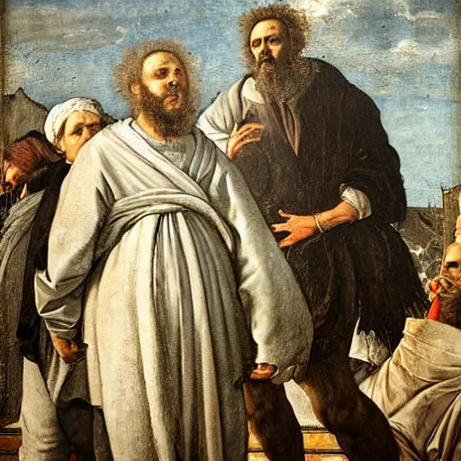 Image similar to guy with white hoodie walking in the music in genoa. painting by veronese