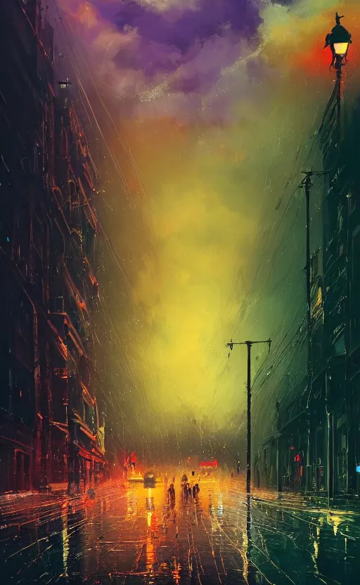 Image similar to a beautiful illustration of rainy victorian london at sunset, art of alena aenami, featured on artstation, vertical orientation, paint brush strokes, expressionism, brushstroke - laden, breathtaking clouds, traffic lights, wet concrete, beauttiful stars, cables, long exposure, gigantic sun, airy theme, red purple gradient, lens flare