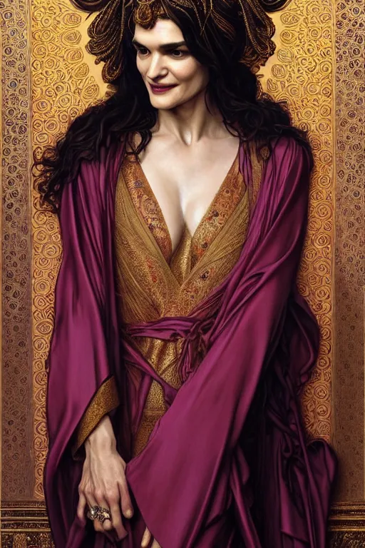 Image similar to body portrait of rachel weisz wearing a flowing silk robe, wearing an ornate ancient headress, by terry o'neill intricate, elegant, highly detailed, digital painting, artstation, concept art, smooth, sharp focus, bold lighting, deep colors, dark background, illustration, art by artgerm and greg rutkowski and alphonse mucha, 8 k,