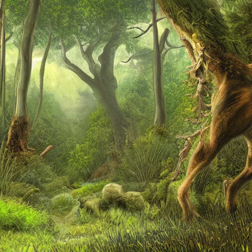 Prompt: a lush prehistoric woodland landscape, digital art