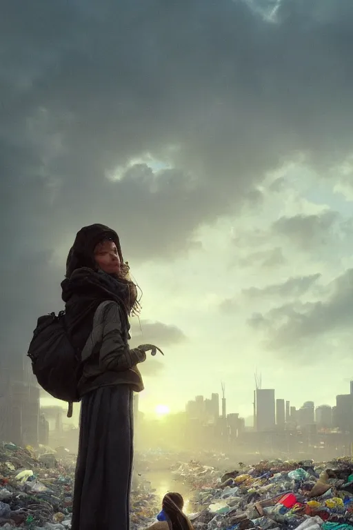 Image similar to detailed lonely girl with backpack standing at cars looking for food at garbage dump, destroyed cars, city is pure wasteland, moody sunset in background, save the planet, high details, sharp, photorealism, cinematic, greg rutkowski, alphonse mucha, trending on artstation, artgerm, unreal engine, breathtaking, award winning, highly detailed