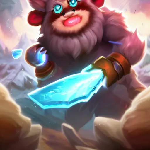 Image similar to legends of runeterra HD splash art pinterest cute small poro freljord snow soft fur happy huge tongue