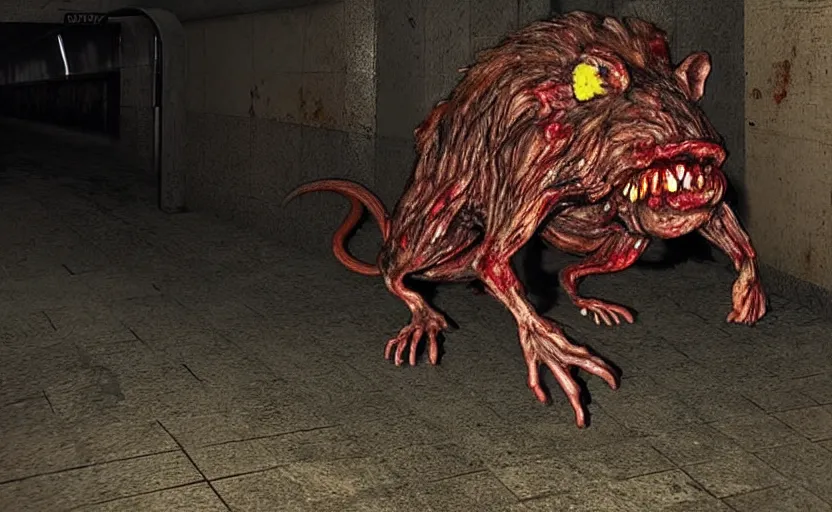 Image similar to very large giant mutant zombie rat with cancer in tonnel of metro. extreme high detail. low dark light, scary atmosphere.