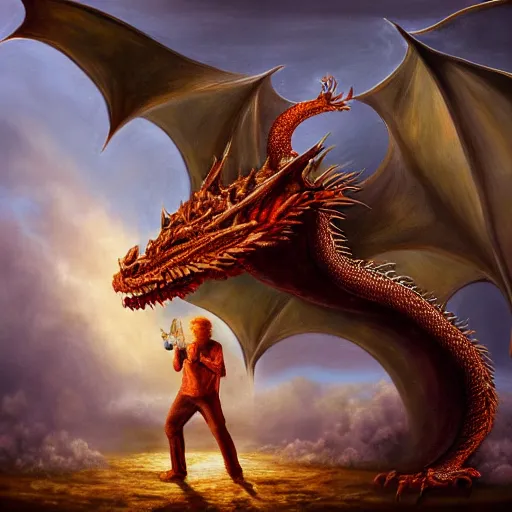 Image similar to ginger man stands triumphantly on the corpse of a dragon, oil painting, dramatic lighting, extremely detailed