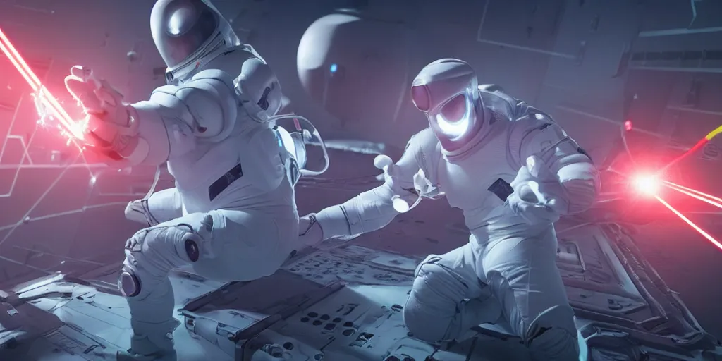 Image similar to futuristic spacemen firing lasers in zero gravity, skintight suits, floating, bright white light, hiding behind obstacles, surrounded by a laser grid, unreal engine, lensflares, low perspective