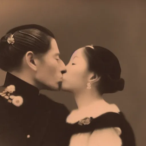 Image similar to An extreme long shot wide shot, colored black and white Russian and Japanese mix historical fantasy photographic portrait of a Royal wedding of the empress and the emperor share a tender kiss, golden hour, warm lighting, 1907 photo from the official wedding photographer for the royal wedding.