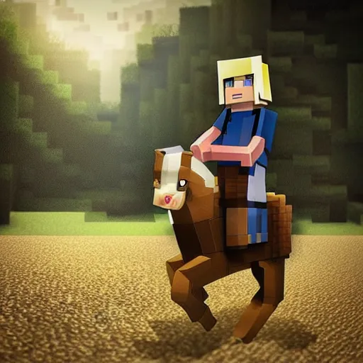 Prompt: cute annie leonhart riding a minecraft horse in minecraft, beautiful face, pale skin, rule of thirds, cinematic lighting, rainy weather, melancholy atmosphere, sharp focus, backlit, stunning, smooth, hard focus, full body shot, instagram photo, shot on sony a 7 iii, hyper realistic