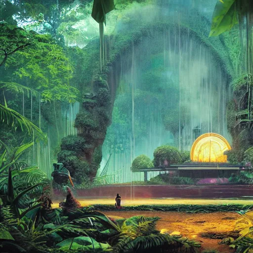 Image similar to ancient monument in the jungle, lost alien civilization, ancient alien tools and houses, tropical forest, glowing alien monuments, alien relic, syd mead, john harris, art station, flowers