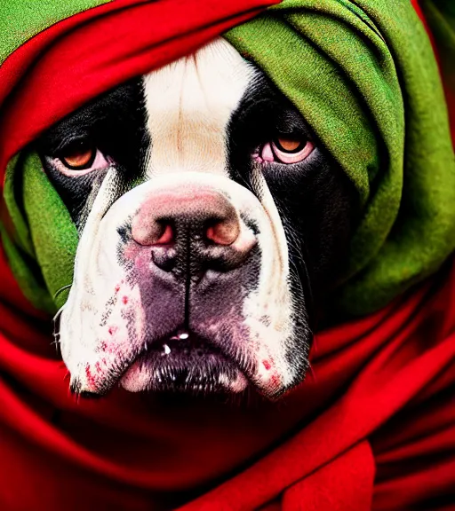 Image similar to portrait of american bulldog as afghan girl, green eyes and red scarf looking intently, photograph by steve mccurry