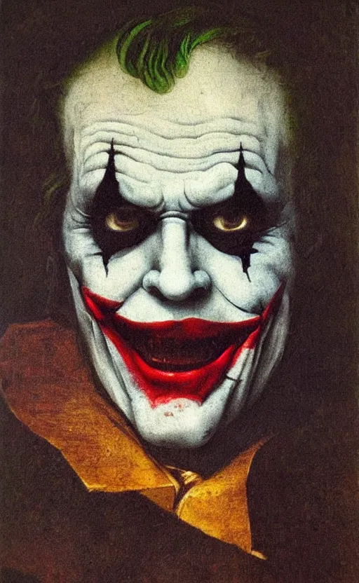 Image similar to portrait of The joker by Leonardo da Vinci, renaissance painting, high quality scan