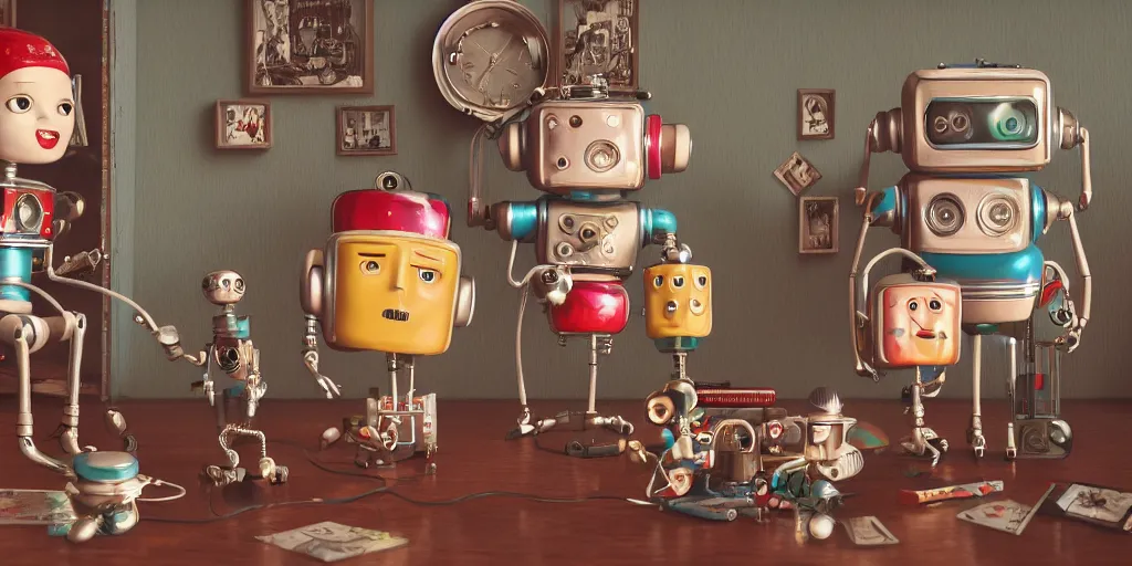 Image similar to closeup portrait of tin toy retro living room of robot family, depth of field, zeiss lens, detailed, centered, fashion photoshoot, by nicoletta ceccoli, mark ryden, lostfish, breathtaking, 8 k resolution, extremely detailed, beautiful, establishing shot, artistic, hyperrealistic, octane render, - h 8 0 4