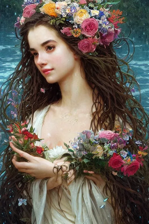 Prompt: portrait of a beautiful mysterious woman holding a large bouquet of flowing flowers, wet dripping long hair, hands hidden under the bouquet, emerging from the water, fantasy, regal, intricate, by stanley artgerm lau, greg rutkowski, thomas kindkade, alphonse mucha, loish, norman rockwell