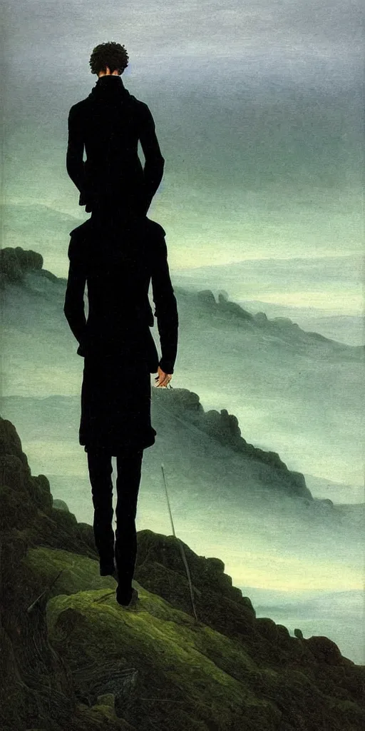 Prompt: wanderer above the sea of fog by caspar david friedrich but the wanderer has shaggy black hair, cold colors, ultra detailed, single body painting