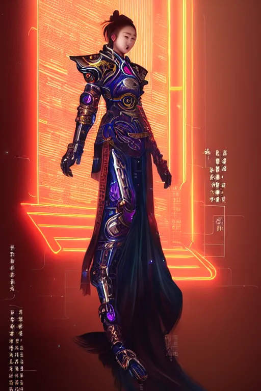 Image similar to portrait futuristic wuxia armor heroine Girl with thunder and fire sparkles and starlight, fighting in future cyberpunk beijing rooftop , ssci-fi, fantasy, intricate, very very beautiful, elegant, human structure, neon light, highly detailed, digital painting, artstation, concept art, smooth, sharp focus, illustration, art by tian zi and WLOP and alphonse mucha