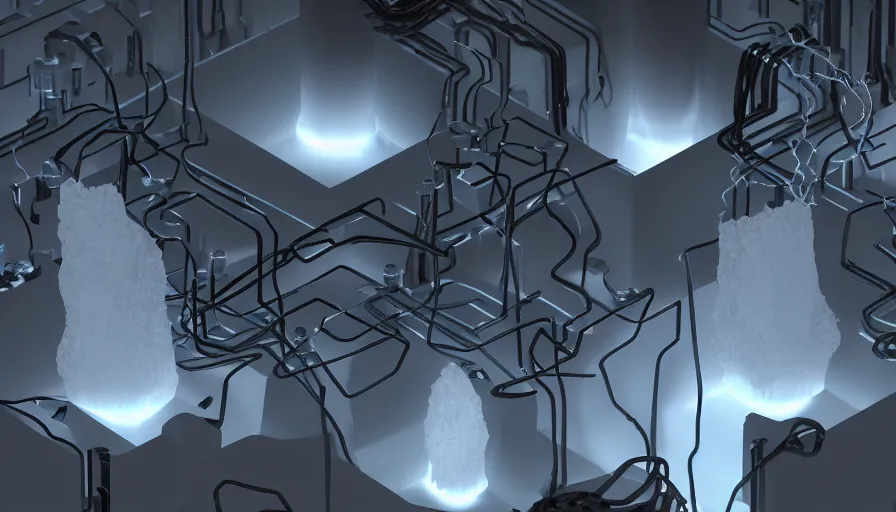 Prompt: liquid nitrogen with darkwater-cooling coolant flowing through latent representations of dark graphite caverns undergoing centrifugal forces, illuminated by computer circuitry sticking out the walls, high detail, high contrast, 90s low-poly render, 4k upscaling