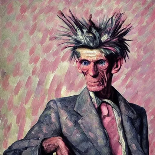 Prompt: shredded physique feathered tall neck beak Portrait of Samuel Beckett camouflaged as Flamingo whilst wearing a pink tuxedo Standing atop a Garbage Truck Greg Rutkowski Lucian Freud Paul Cezanne antonio donghi Jamie Wyeth