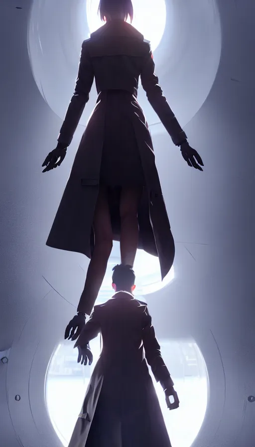 Image similar to realistic render of a cyborg - girl wearing a long trench coat by ross draws, futuristic dystopian city by ilya kuvshinov, digital anime art by ross tran, composition by sana takeda, lighting by greg rutkowski