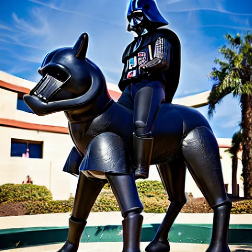 Prompt: Darth Vader riding a my little pony outside of hepner hall at San Diego State University