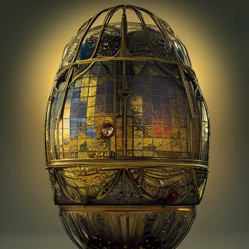 Image similar to enormous flying faberge egg containing a city, sky, steampunk, fantasy art, unreal engine,