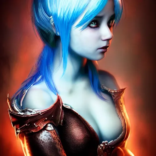 Prompt: The dragon girl portrait, portrait of young girl half dragon half human, dragon girl, dragon skin, dragon eyes, dragon crown, blue hair, long hair, highly detailed, cinematic lighting, Matte painting by Wes Craven
