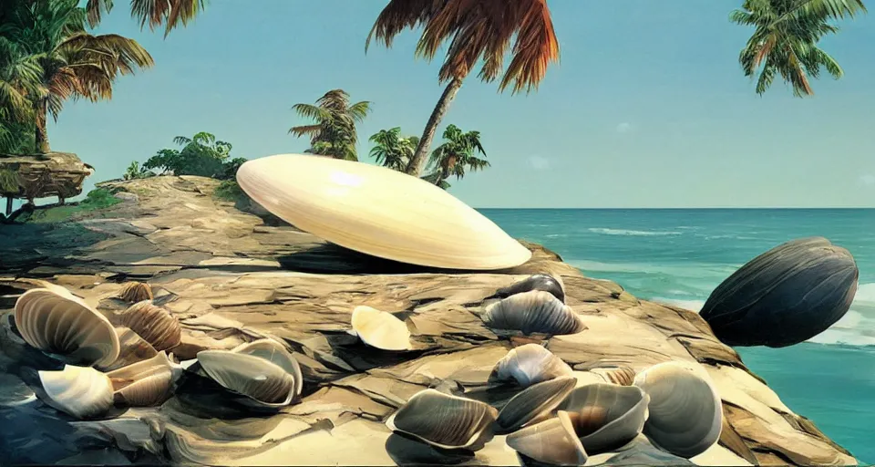 Prompt: clamshell seashell where a hermit girl lives, atmospheric cinematography by syd mead