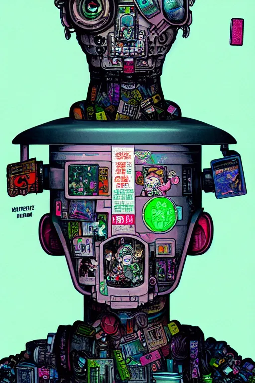 Image similar to full view, from a distance, of anthropomorphic trashcan from the novel neuromancer by william gibson, style of yoshii chie and hikari shimoda and martine johanna, highly detailed