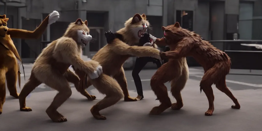 Image similar to nicolas cage beating up furry cosplayers, 8 k, octane render, choreographed fight scene, composition,