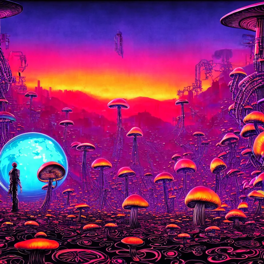 Prompt: psychedelic cybernetic sunset with toxic mushrooms, macro photography, techno planet in cybernetic neo - tokyo in background, by jeff easley, vibrant colors, award winning, stylized neon, post - processing, by tsutomu nihei, superb resolution, by junji ito, by greg rutkowski, 8 k, hyper realistic anime, perfect art