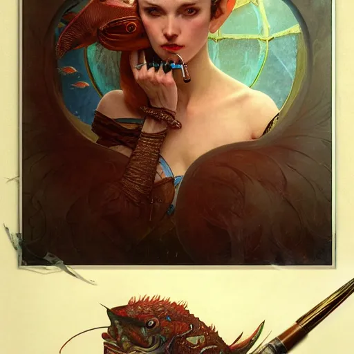 Image similar to '' fantasy fish, concept art, schematics, gnarly details painted by tom bagshaw, norman rockwell, mucha, gurney''