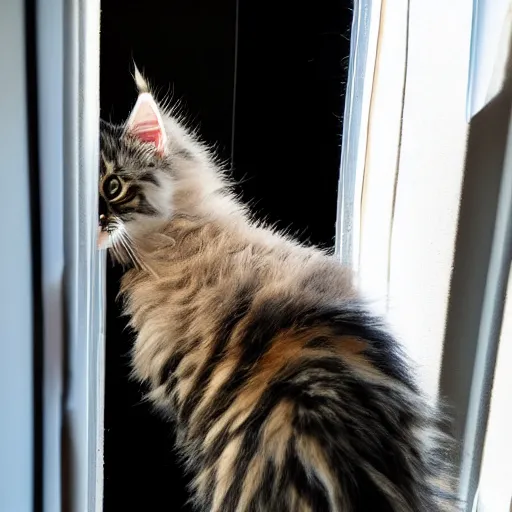 Image similar to view from the back of a backlit maine coon kitten gazing out a sunny window on a warm day. outside there are pretty flowers.