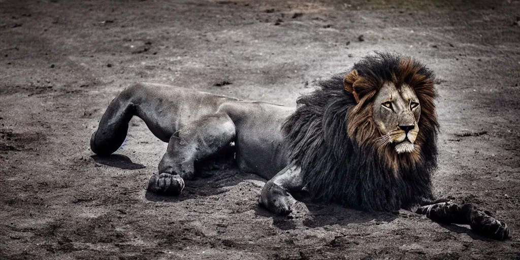 Prompt: a shiny, black, lion made of tar laying inside the tar pit, full of tar, covered with liquid tar. dslr, photography, realism, animal photography, color, savanna, wildlife photography