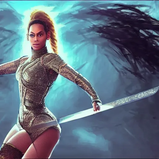 Prompt: a beautiful cinematic image of a beyonce wielding a sword, cinematic, 4k, realistic, anime artwork, rtx, hyperrealistic, unreal