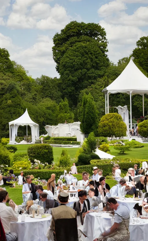 Prompt: New York high class open air reception, Fitzgerald, Jazz Age, oil painting, people dressed in 1920s style, good weather, clean white tablecloths, clean white curtains, clean white villa, beautiful garden, Great Gatsby, smooth, Pre-Raphaelite8k