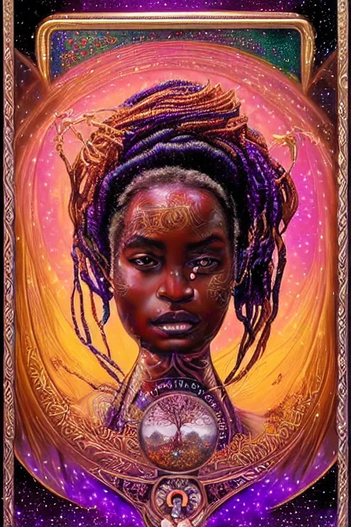 Prompt: beautiful, iridescent, and refined engraved fractal tarot card featuring an ornate, realistic, and regal high key studio anaglyph portrait of an attractive young kenyan princess with beaded dreadlock hair in front of a brilliant nebula by Eric Lafforgue, by Suicide Girls, by Dan Mumford, by Jim Fitzpatrick, featured on deviant art, trending on artstation