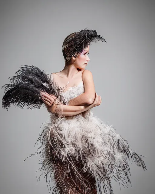 Prompt: beautiful woman with a dress of feathers photo 3 5 mm, studio light