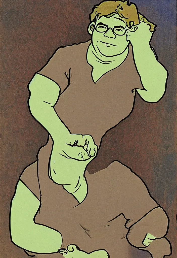 Image similar to yann lecun as shrek, in art style by alphonse mucha