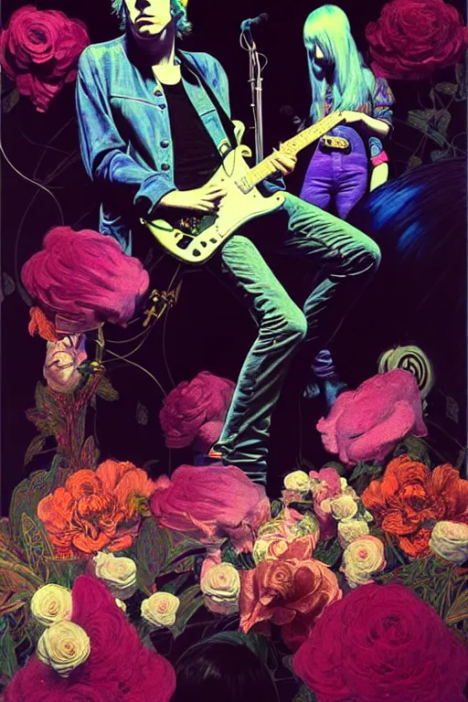 Image similar to the velvet underground and nico playing live on stage at a night club, beautiful stage decoration with flowers in the background, painting by james jean and syd mead and gaston bussiere, very detailed and colorful and toned down and ornamental and moody and cool and relaxed and high on drugs, trending on artstation, behance contest winner