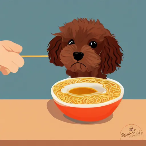 Prompt: cavoodle puppy eating a bowl of ramen, digital art, vibrant