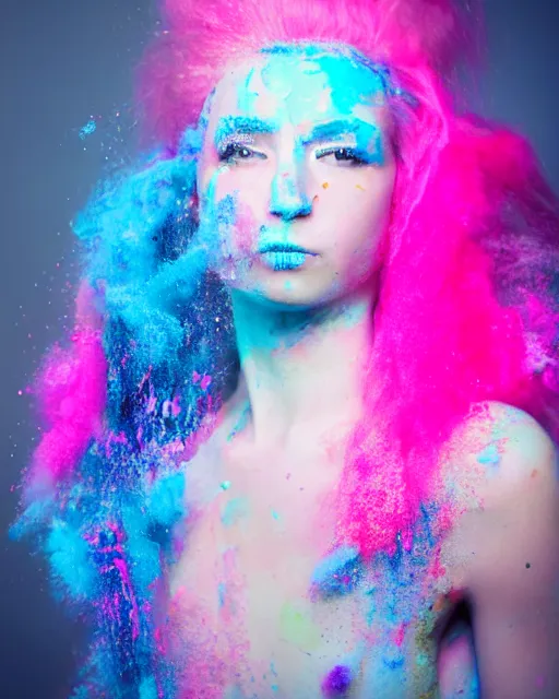 Image similar to a dramatic lighting photo of a backlight beautiful young woman with cotton candy hair. paint splashes. with a little bit of cyan and pink
