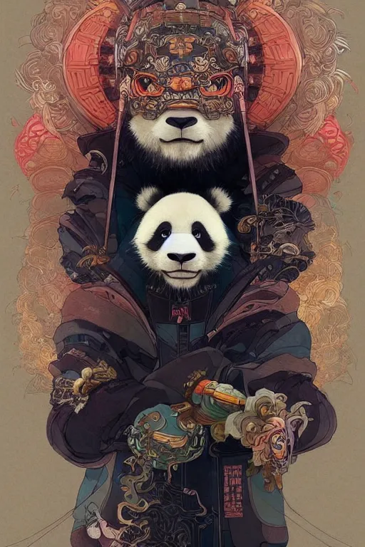 Image similar to a beautiful hyperdetailed character design of a cute panda with a chinese lion dance head victo ngai cyberpunk style, from china, style of studio ghibli, makoto shinkai, raphael lacoste, louis comfort tiffany, artgerm, james jean, ross tran, chinese style