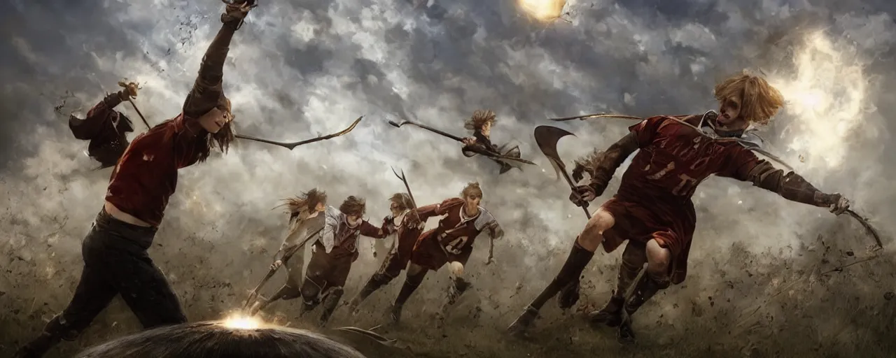 Prompt: most epic dramatic quidditch game. epic cinematic hyperrealism masterpiece. realistic poster with shaded lighting by craig mallismo, artgerm, jeremy lipkin and michael garmash, unreal engine, radiant light, detailed and complex environment, digital art, art station trends