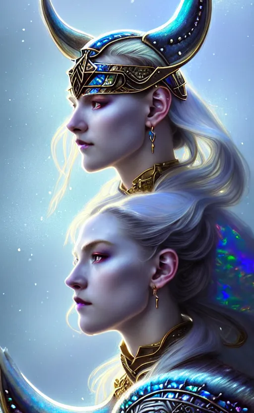 Prompt: iridescent opal viking warrior, regal, elegant, winter, snow, beautiful, stunning, hd, illustration, epic, d & d, fantasy, intricate, elegant, highly detailed, wide angle, digital painting, artstation, concept art, smooth, sharp focus, illustration, wallpaper, art by artgerm and greg rutkowski and alphonse mucha and jin xiaodi