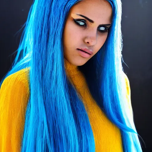 Image similar to moroccan women, long yellow hair, blue big eye, with large boops, perfect face and silhouette.