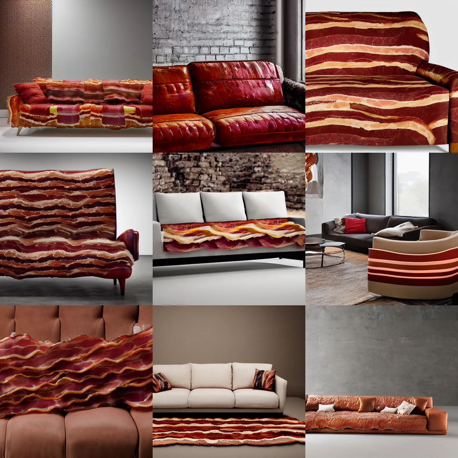 Prompt: a studio photo of a modern sofa made of bacon, high detail, uhd 8 k