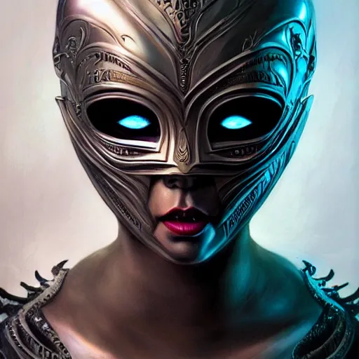 Image similar to Very very very very highly detailed epic photo of full face with scary venetian mask, intricate, dystopian, sci-fi, extremely detailed, digital painting, artstation, concept art, smooth, sharp focus, illustration, intimidating lighting, incredible art by Artgerm and Vincent di Fate