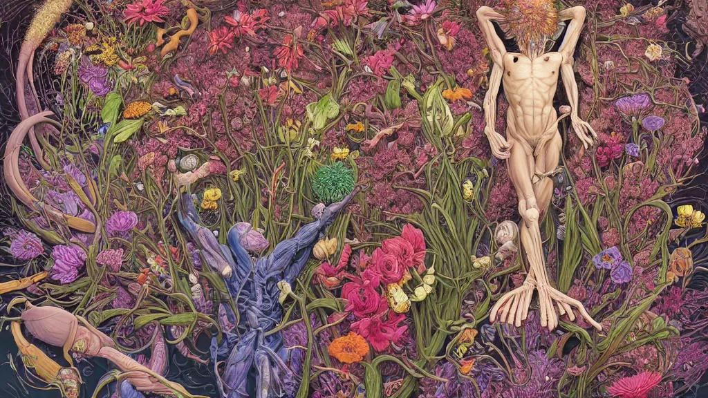 Image similar to highly detailed illustration of a human anatomy body exploded by all the known species of flowers by juan gatti, by moebius!!,, by oliver vernon, by joseph moncada, by damon soule, by manabu ikeda, by kyle hotz, by dan mumford, by kilian eng