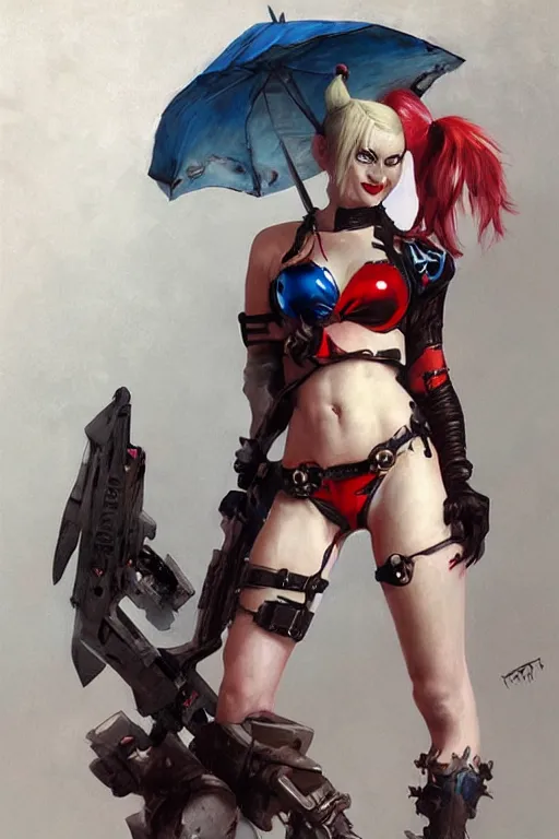 Image similar to portrait of Harley Quinn in bikini armor, dc comics, cyberpunk, Warhammer 40000, dark fantasy, digital art from artstation by Ruan Jia and Mandy Jurgens and Artgerm and william-adolphe bouguereau