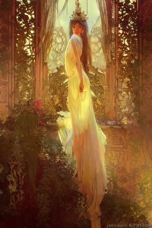 Prompt: a girl emperorit is decorated with long robes that fall like golden stars, an ostentatious palace and garden are seen in the background. by jeremy mann and alphonse mucha, fantasy art, photo realistic, dynamic lighting, artstation, poster, volumetric lighting, very detailed faces, 4 k, award winning