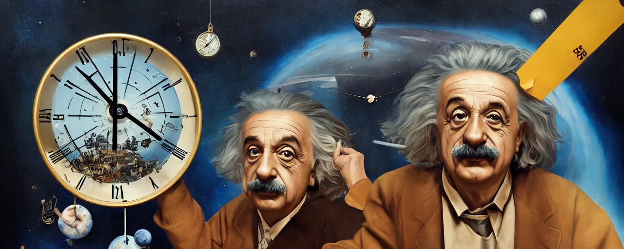 Image similar to duotone surrealist illustration 3 / 4 portrait of albert einstein measuring time on salvadore dali clock in outer space. golden ratio accidental renaissance. by sachin teng and sergey kolesov and ruan jia and heng z. graffiti art, scifi, fantasy, hyper detailed. octane render. concept art. trending on artstation