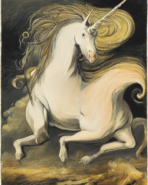 Prompt: a portrait of a unicorn fighting a dragon in the style of Goya